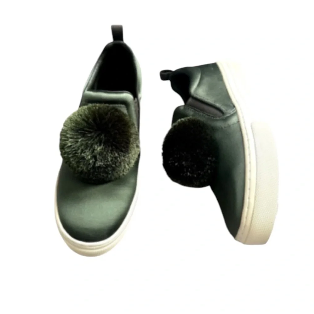 Tory Burch Daphne Pom Pom Satin Sneakers Green Platform Slip On 7